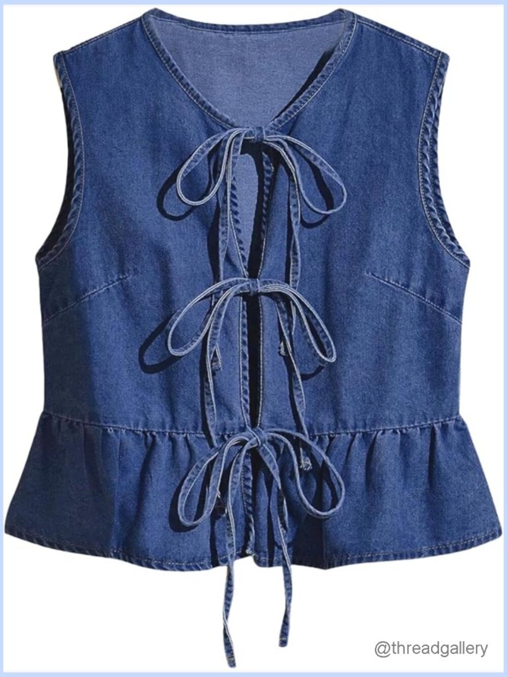 Sleeveless Denim Vest Top with Tie Front Peplum Hem - Western Jean Waistcoat